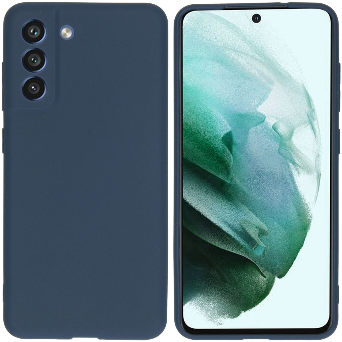 Twee donkerblauwe telefoonhoesjes, waarvan één het telefoonscherm laat zien. De telefoons zitten in de hoesjes.