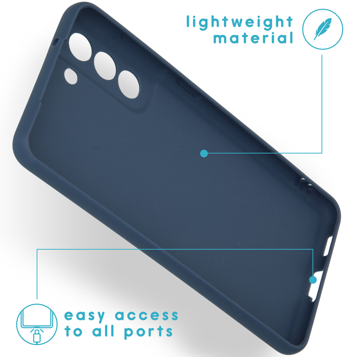 Marineblauwe telefoonhoes met pijlen en tekstindicatoren. Lichtgewicht materiaal en gemakkelijke toegang tot poorten.