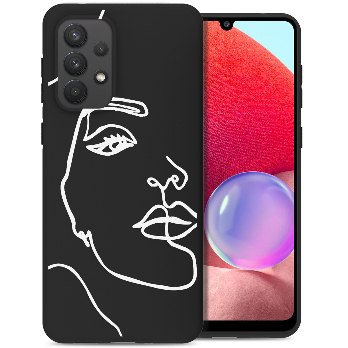 Coque de téléphone noire avec un visage en ligne blanche et un téléphone à l'intérieur.
