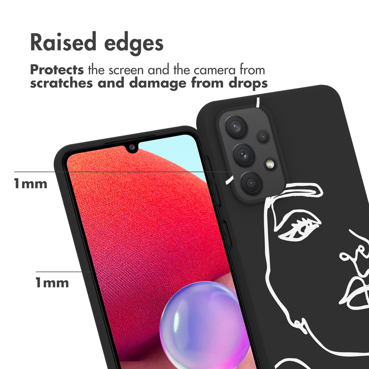 Une coque de téléphone noire avec un contour de visage de femme. Texte : 'Protège l'écran et la caméra'.