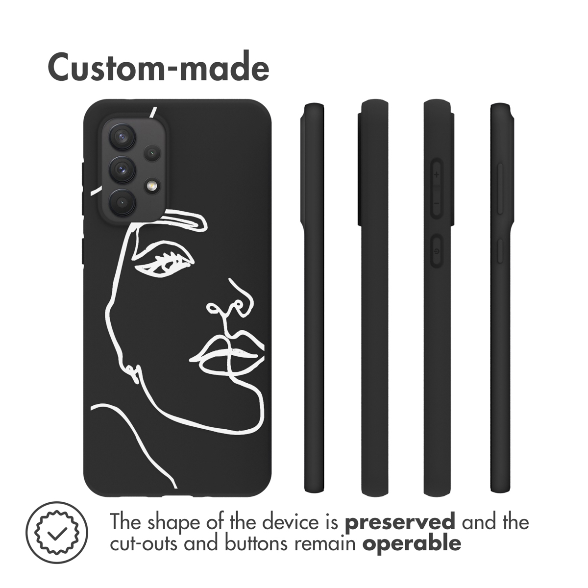 Coque de téléphone noire avec contour de visage blanc. Plusieurs vues de la coque sont présentées.