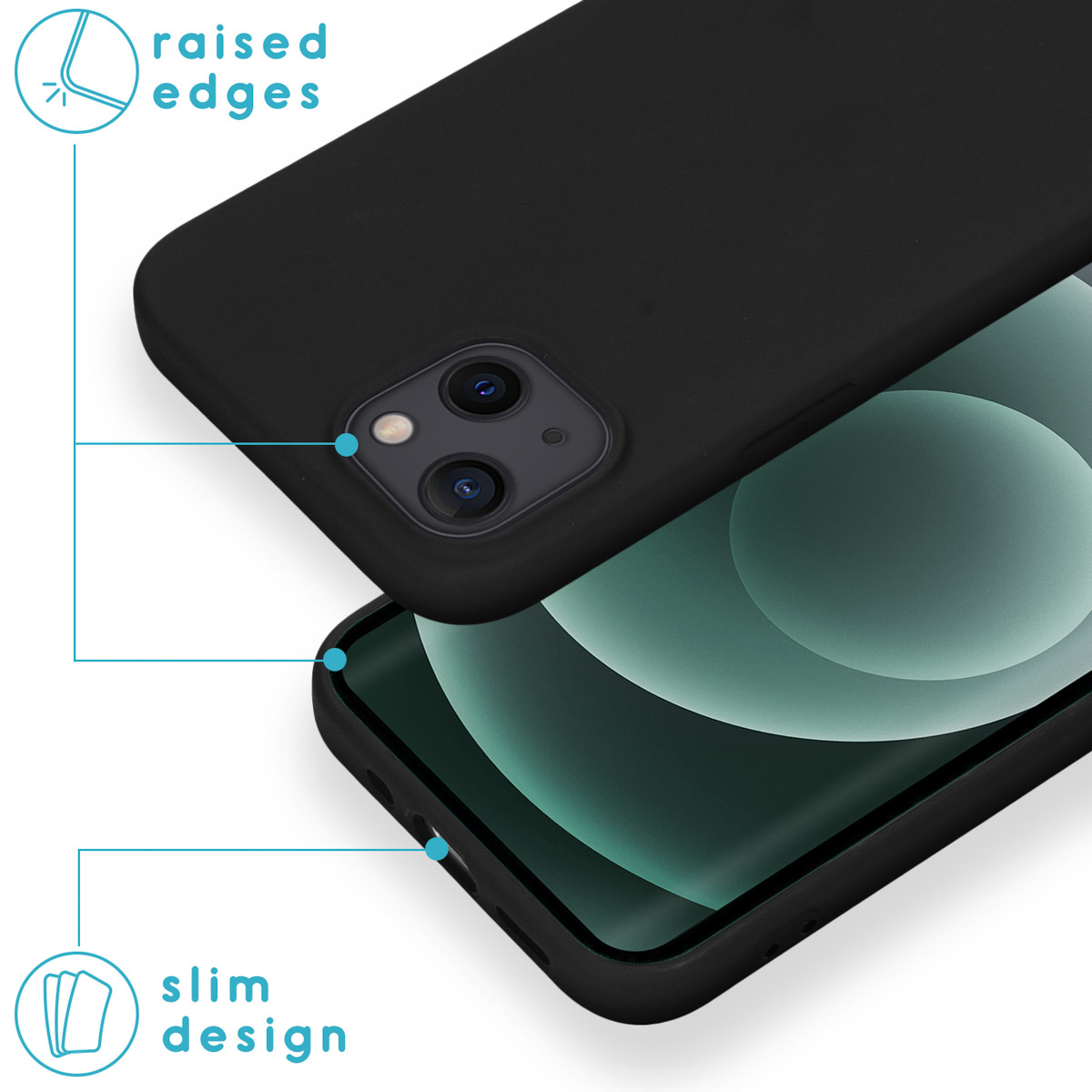 Zwarte telefoonhoes over een telefoon, met verhoogde randen en slank ontwerp, op een witte achtergrond.