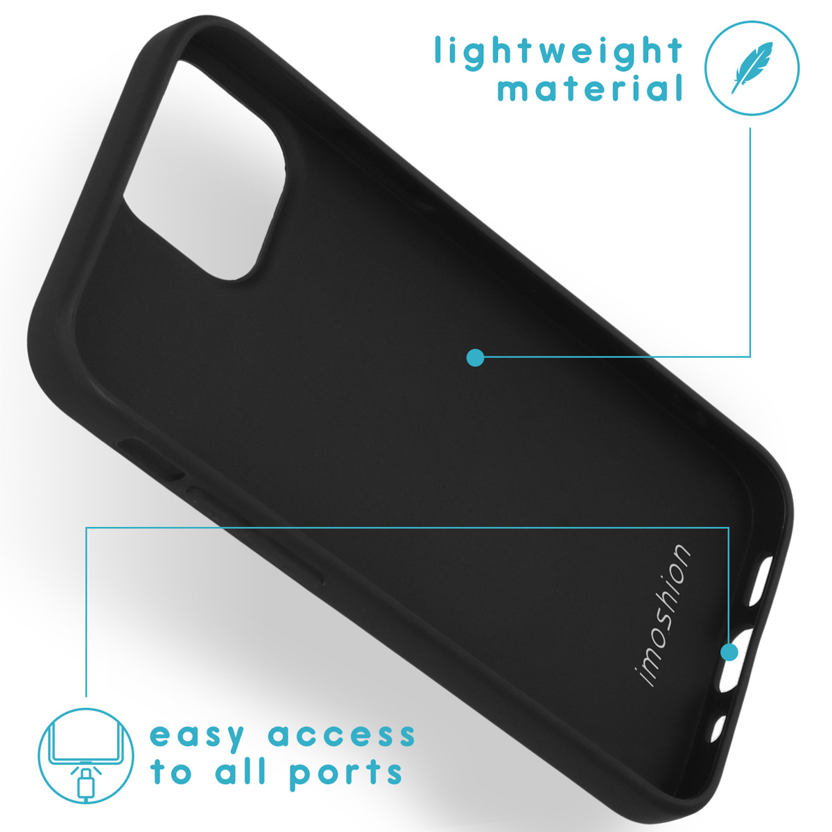 Zwarte telefoonhoes met open zijkanten, gelabeld met 'lichtgewicht materiaal' en 'gemakkelijke toegang tot alle poorten'.