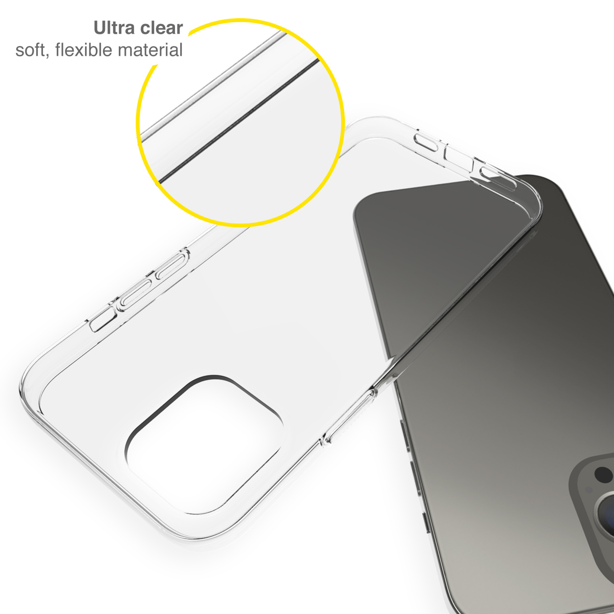 Custodia trasparente per telefono in materiale morbido e flessibile.