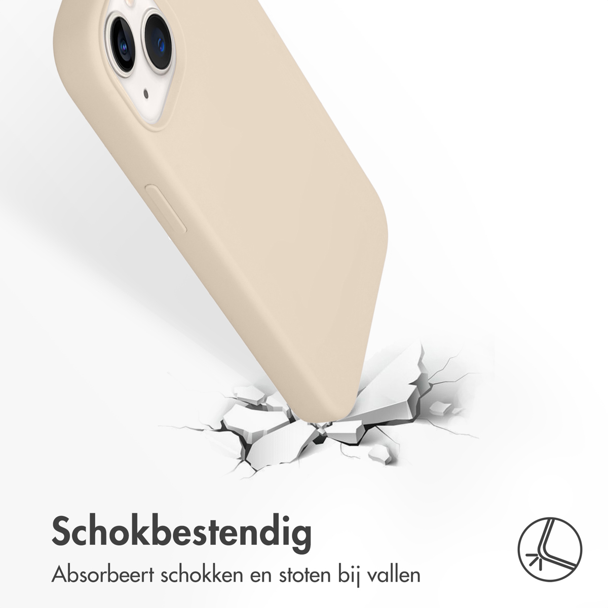 Un étui de téléphone beige tombant sur une surface, causant une fissure. Texte: résistant aux chocs.