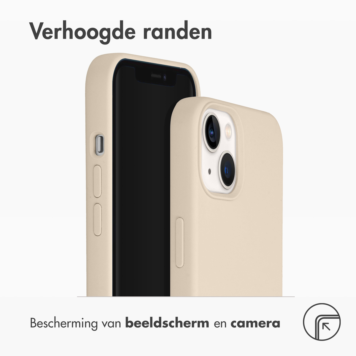 Deux coques de téléphone beiges avec un téléphone. Texte en haut, texte en bas.