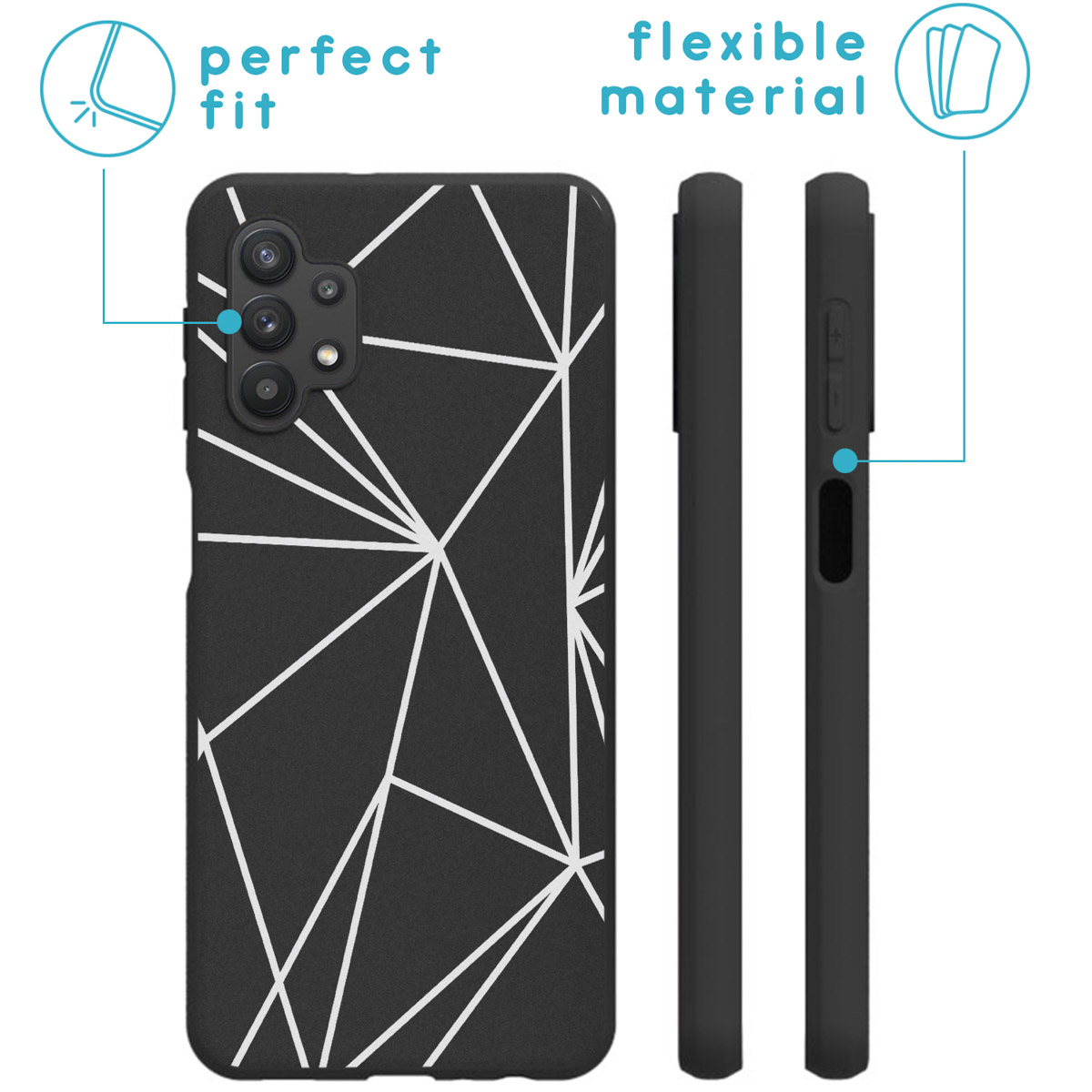Custodia per telefono con un design geometrico. La custodia è nera con linee bianche. Lo schermo del telefono è visibile.