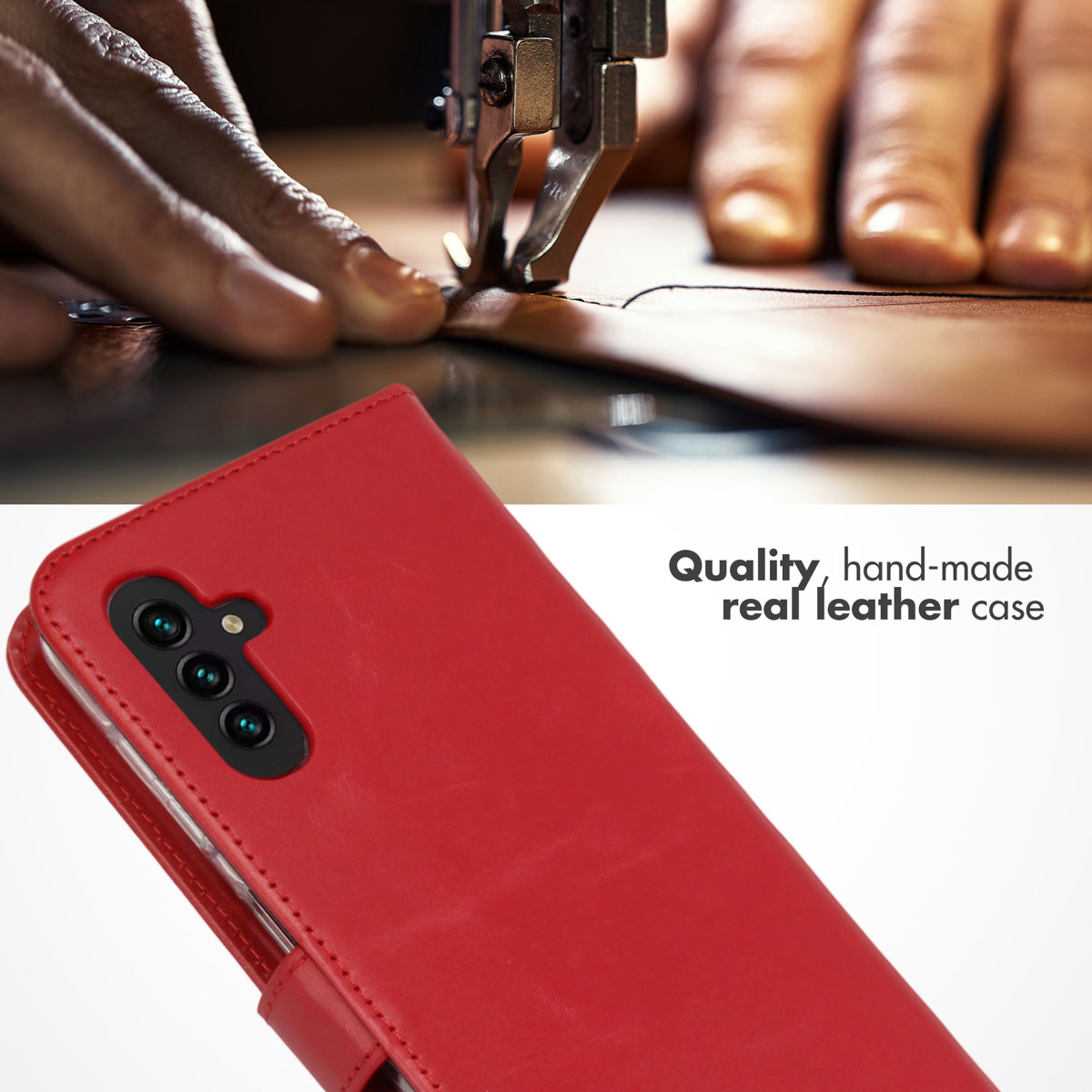 Étui de téléphone en cuir rouge fait main au premier plan, avec du cuir cousu par une machine à coudre en arrière-plan.