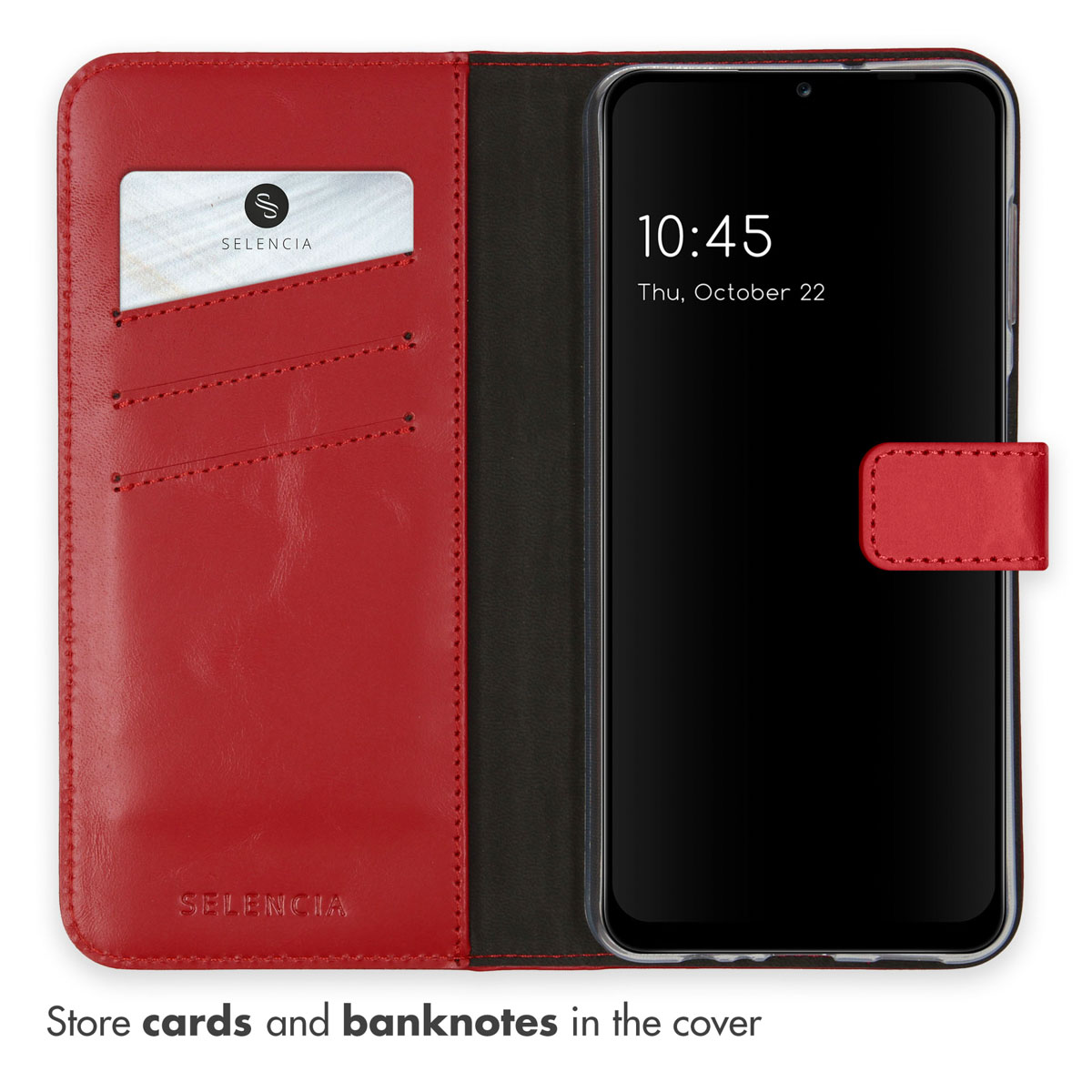 Étui de téléphone en cuir rouge avec porte-cartes et smartphone affichant la date et l'heure.