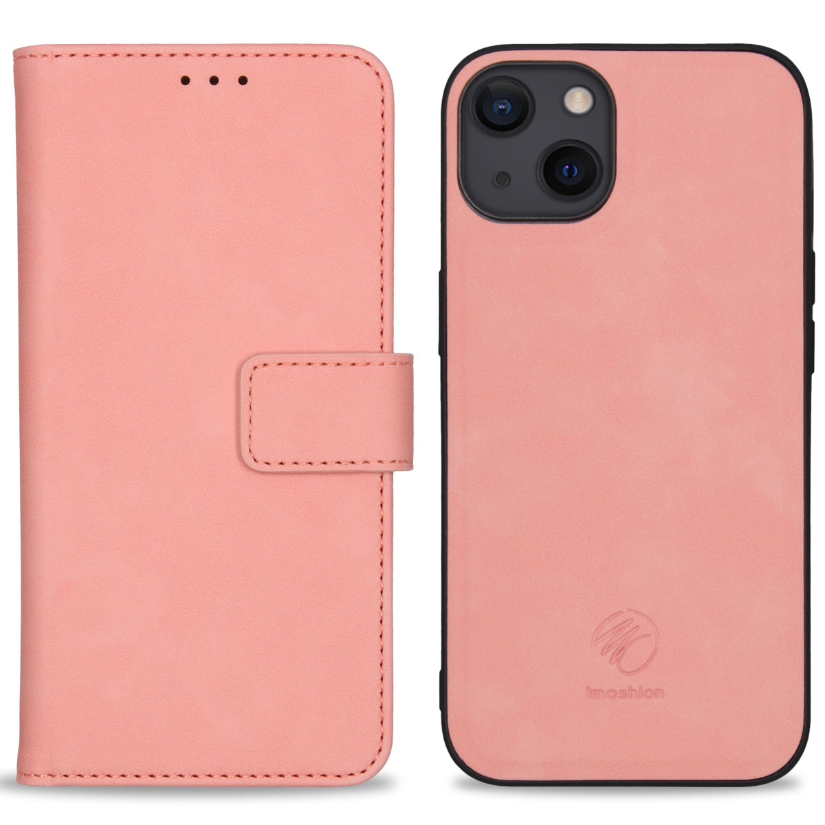 Een roze flip telefoonhoesje en een bijpassende telefoonachterkant.