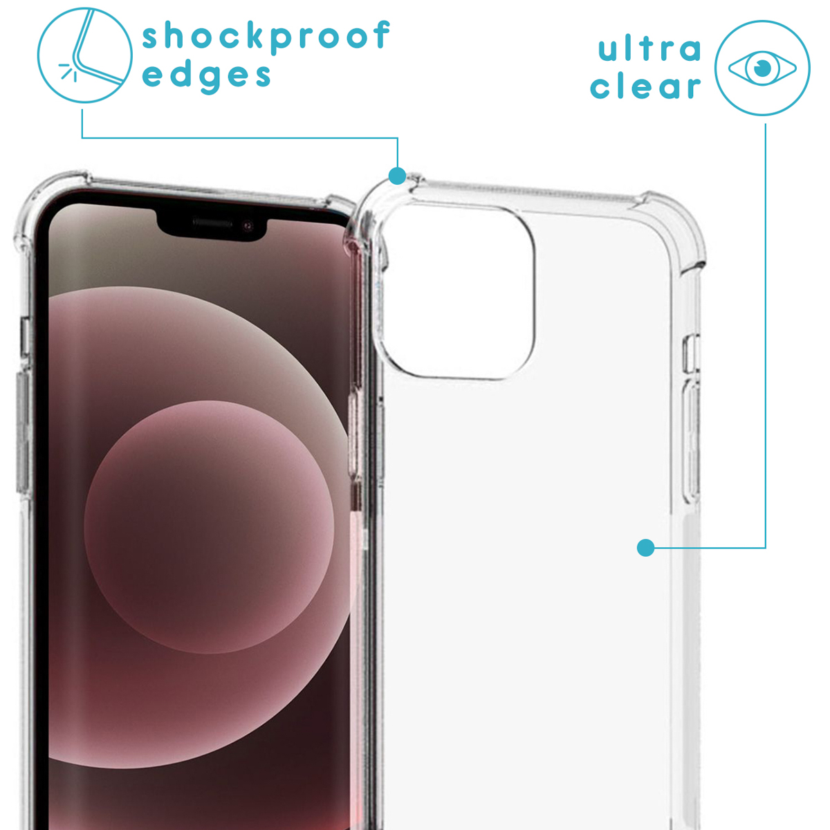 Transparante telefoonhoes met telefoon. Tekst: schokbestendige randen, ultra helder.