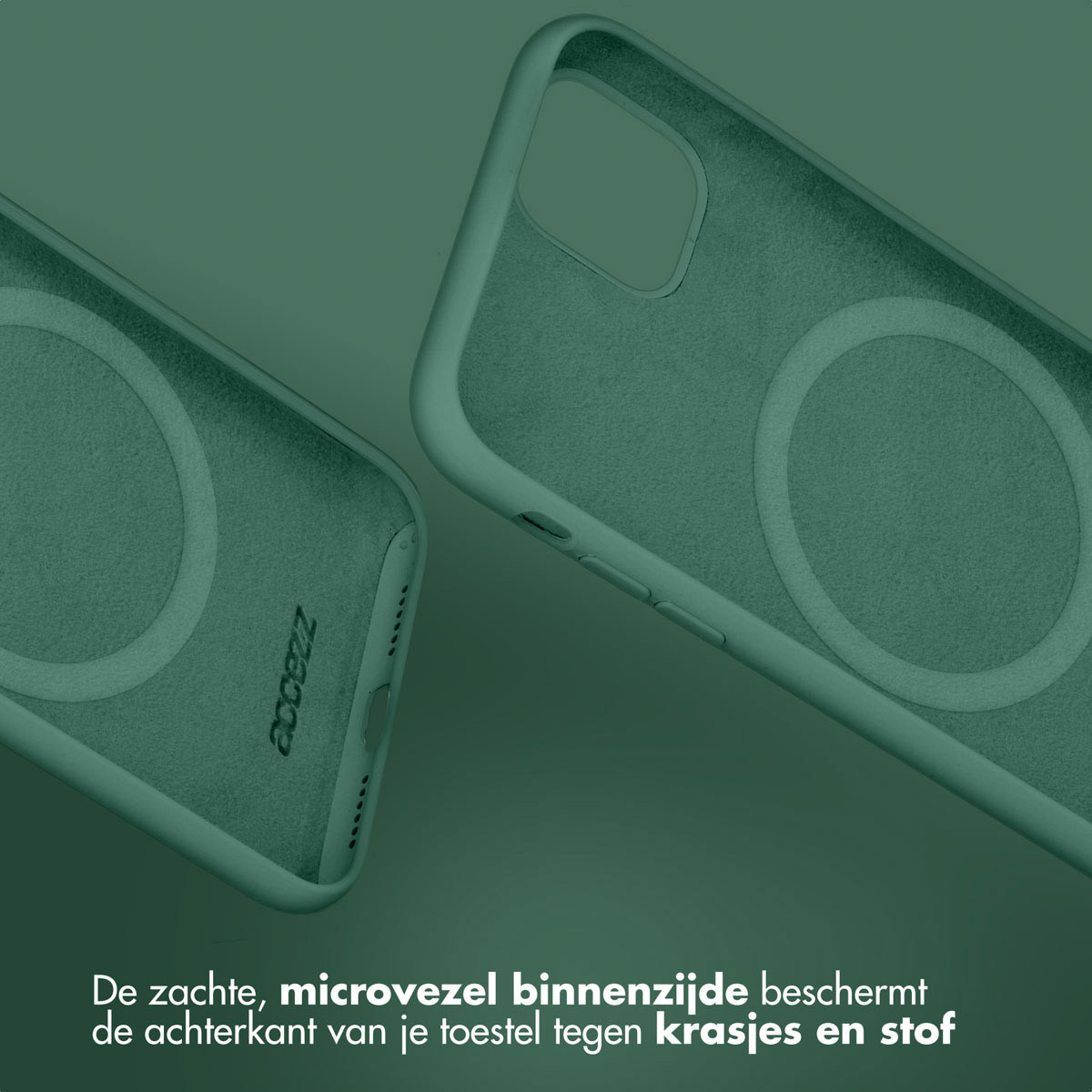 Twee groene telefoonhoesjes met een microvezel binnenkant. De hoesjes beschermen tegen krassen en stof.
