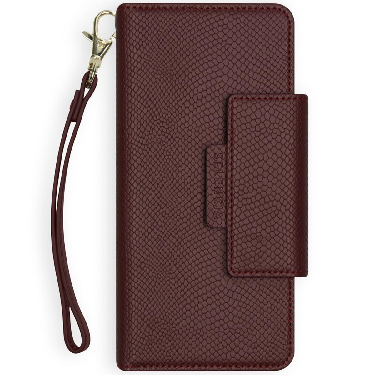 Bordeaux leren telefoonhoesje met een riem en een sluiting.