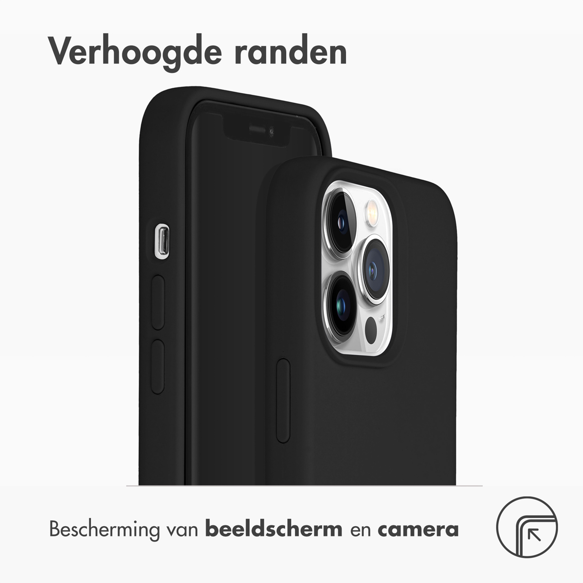 Coque de téléphone noire avec bords surélevés. Le texte met en évidence la protection de l'écran et de la caméra.