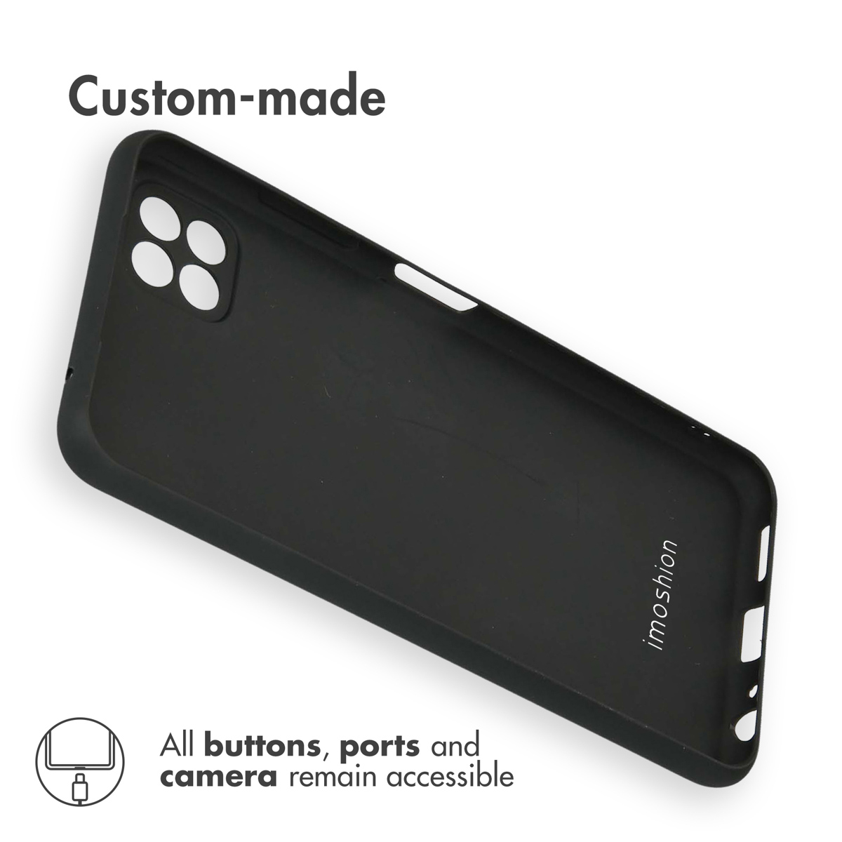 Custodia per telefono nera con logo imoshion. Il testo dice 'All buttons, ports and camera remain accessible'.
