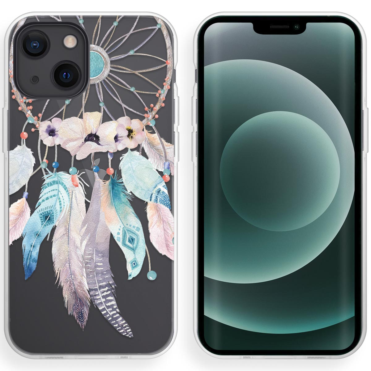 Een telefoonhoesje met een dromenvanger- en veermotief met een telefoon. De achtergrond is wit.