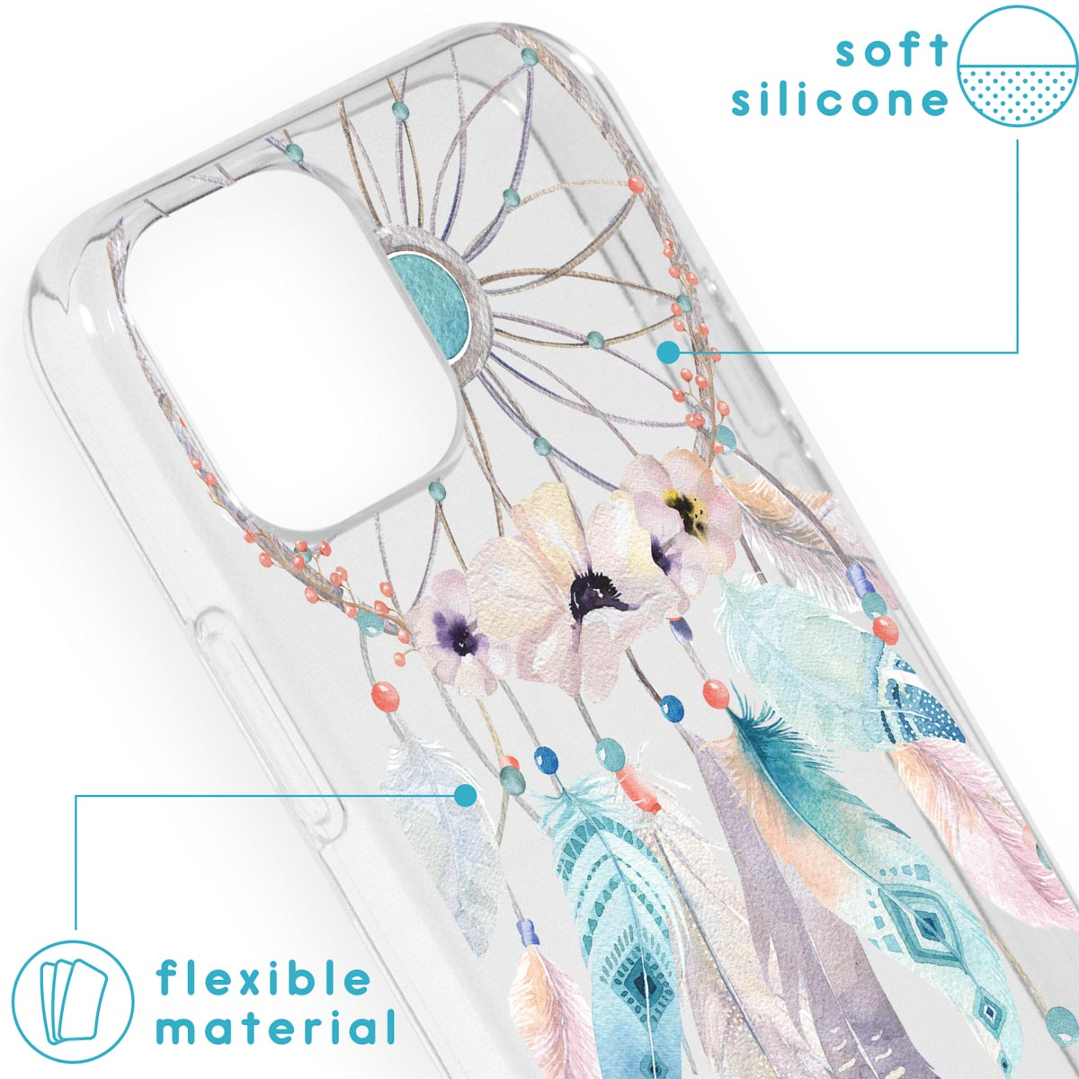 Telefoonhoesje met een dromenvanger ontwerp. Het toont bloemen en veren. Tekst zegt 'flexible material'.