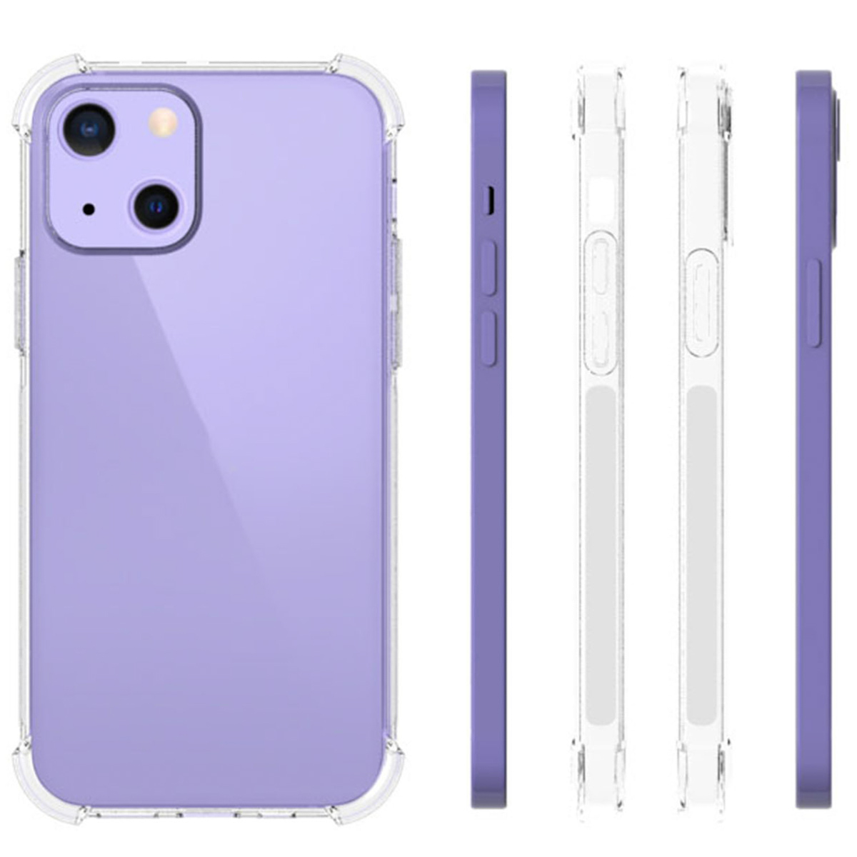 Lila Telefon mit durchsichtiger Hülle, Seitenansichten. Handyhülle ist transparent.