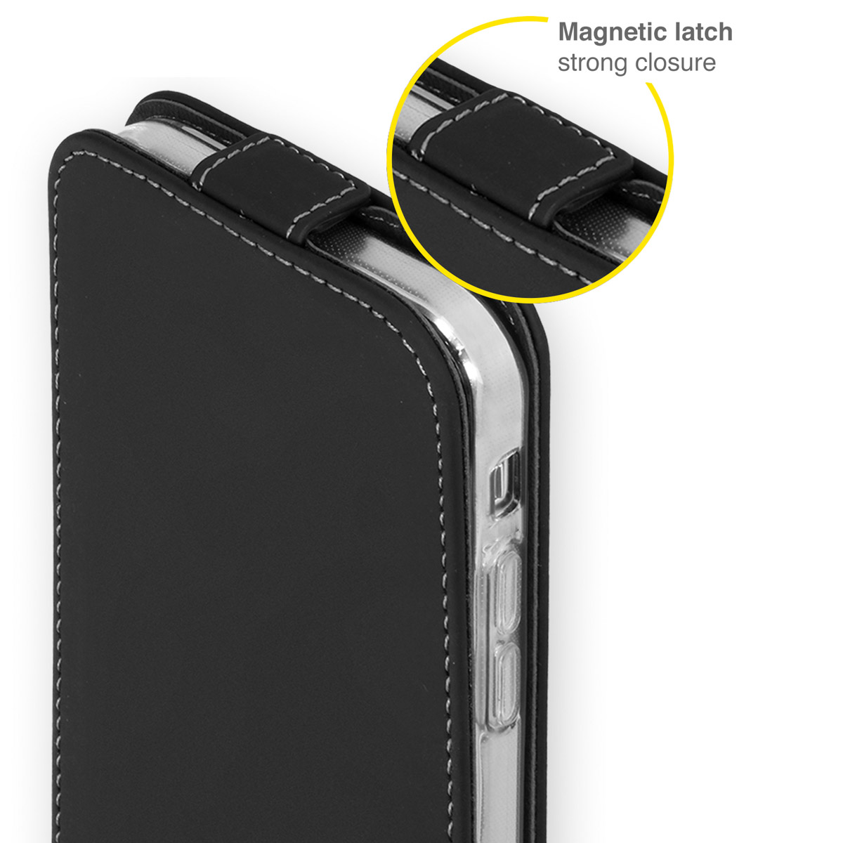 Zwarte leren flip case met zilveren rand en magnetische sluiting.