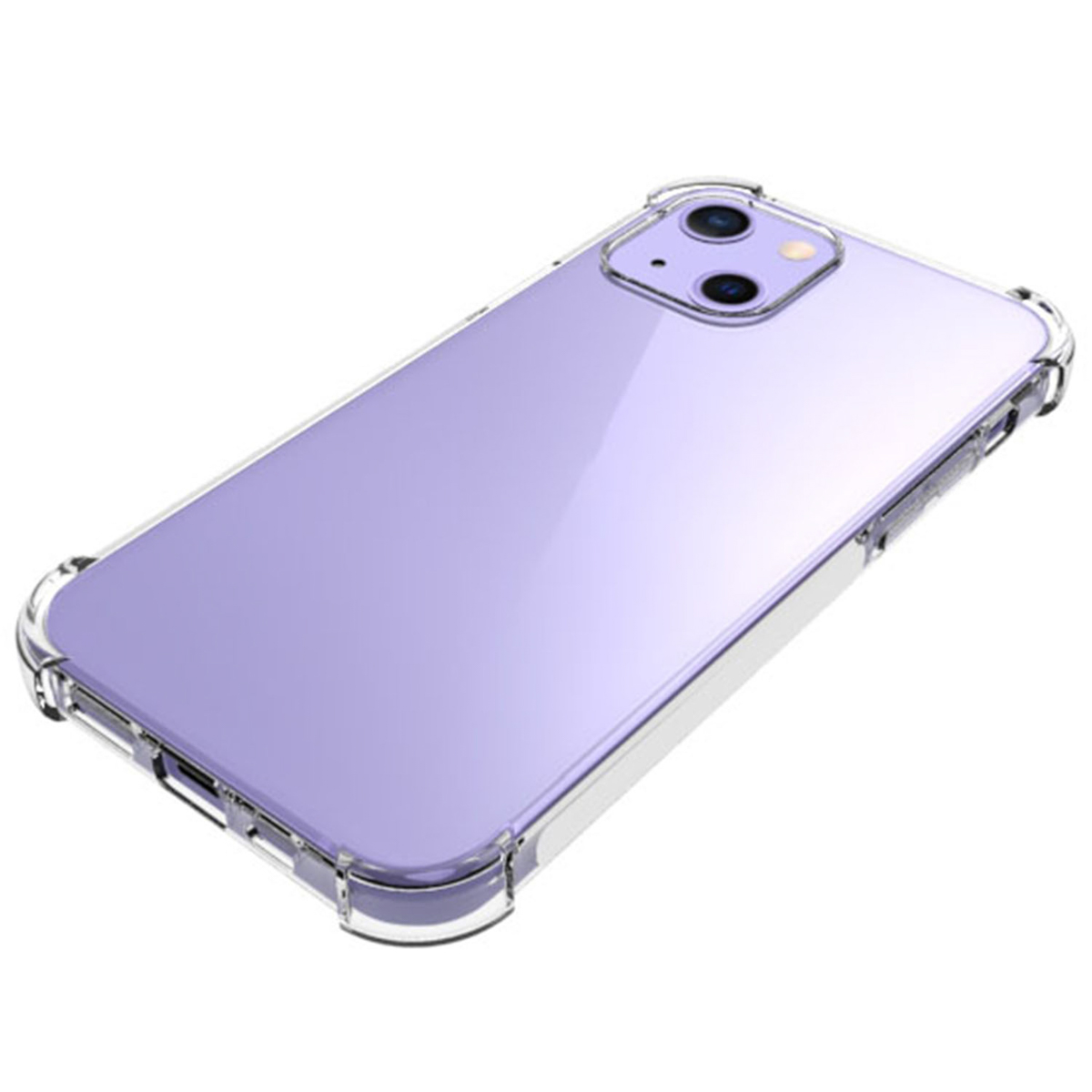 Ein lila Telefon mit einer durchsichtigen Hülle. Der Hintergrund ist verschwommen, mit einem hellvioletten Farbton.
