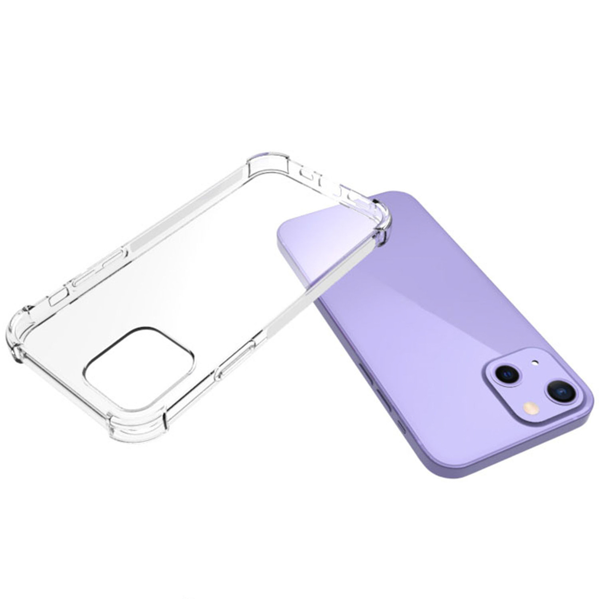 Transparente Handyhülle und ein lila Telefon. Die Hülle ist offen, das Telefon rechts. Weißer Hintergrund.
