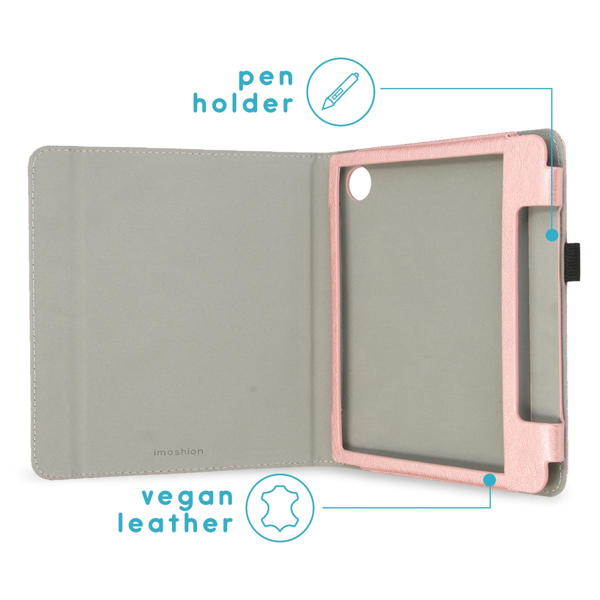 Een roze vegan lederen tablethoes met penhouder.