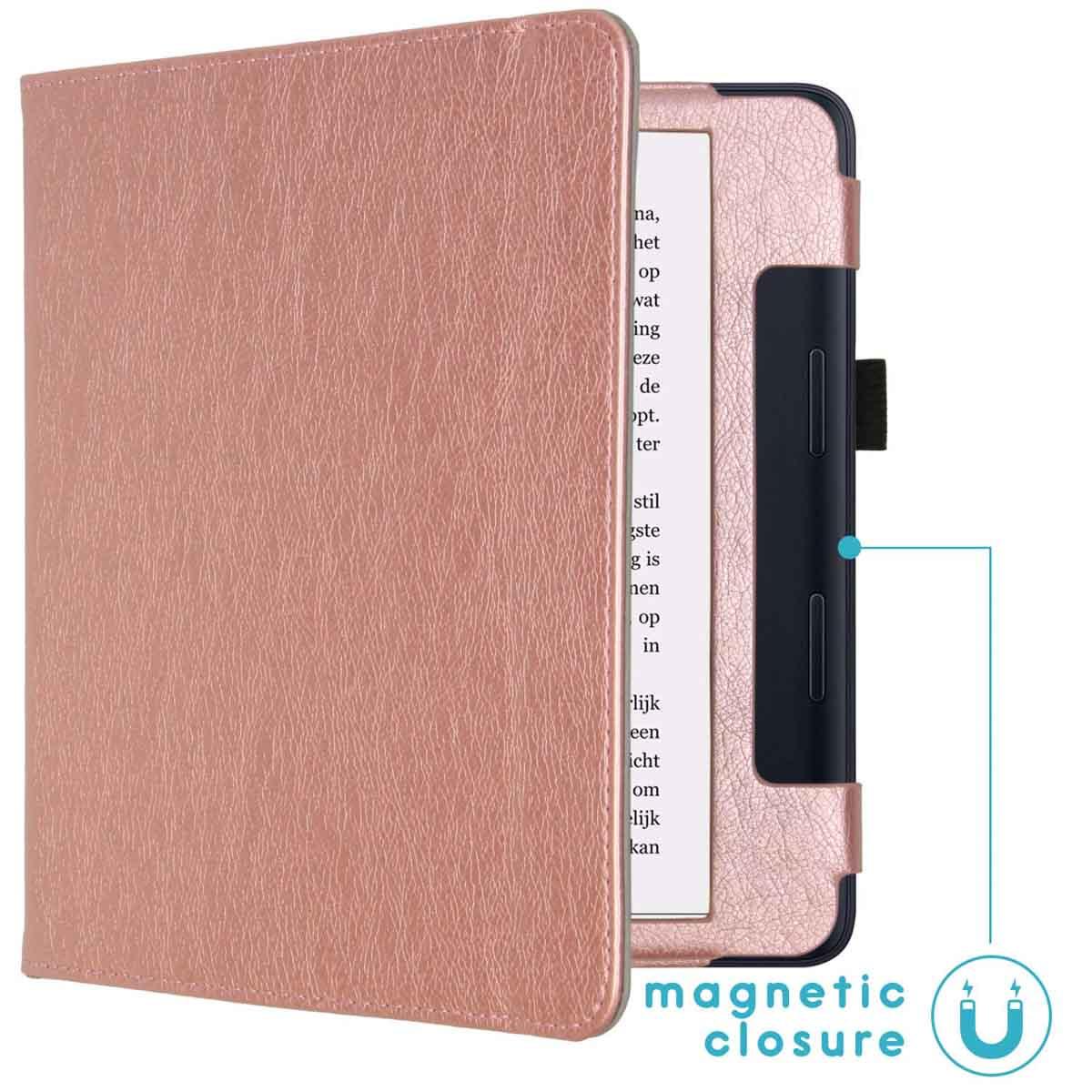 Een roségouden e-reader hoes met magnetische sluiting.