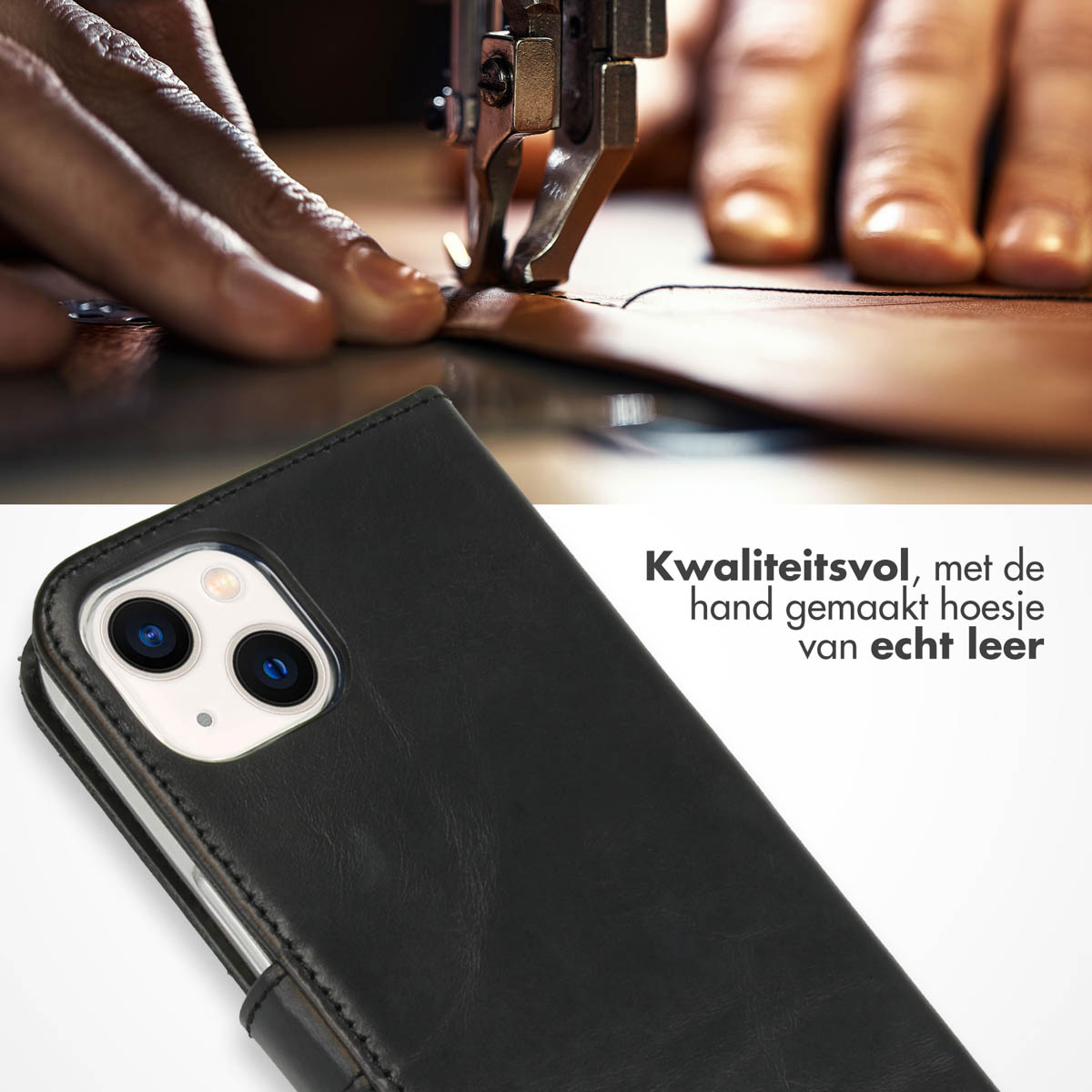 Een hand naait leer. Onderaan staat een zwarte telefoonhoes. Tekst luidt: handgemaakte lederen hoes.