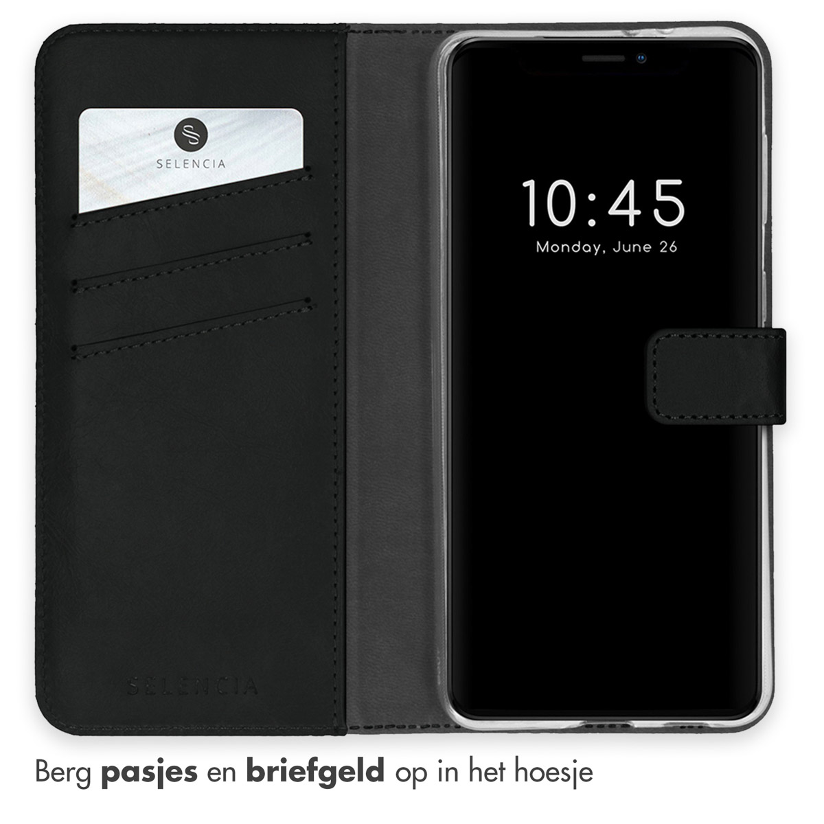Zwarte telefoonhoes met kaarthouders en telefoon.
