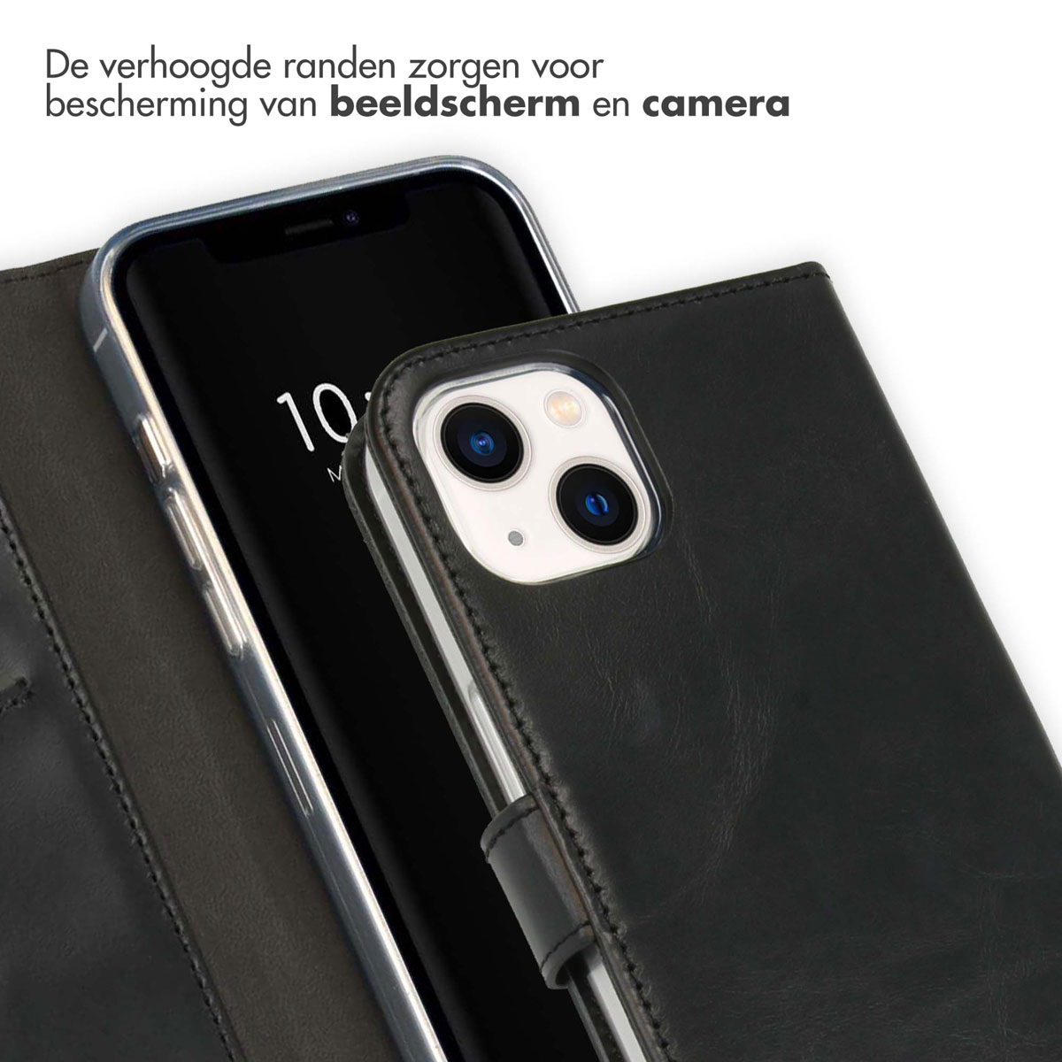 Zwarte telefoon in beschermhoes, met twee camera's en tijd 10:00.