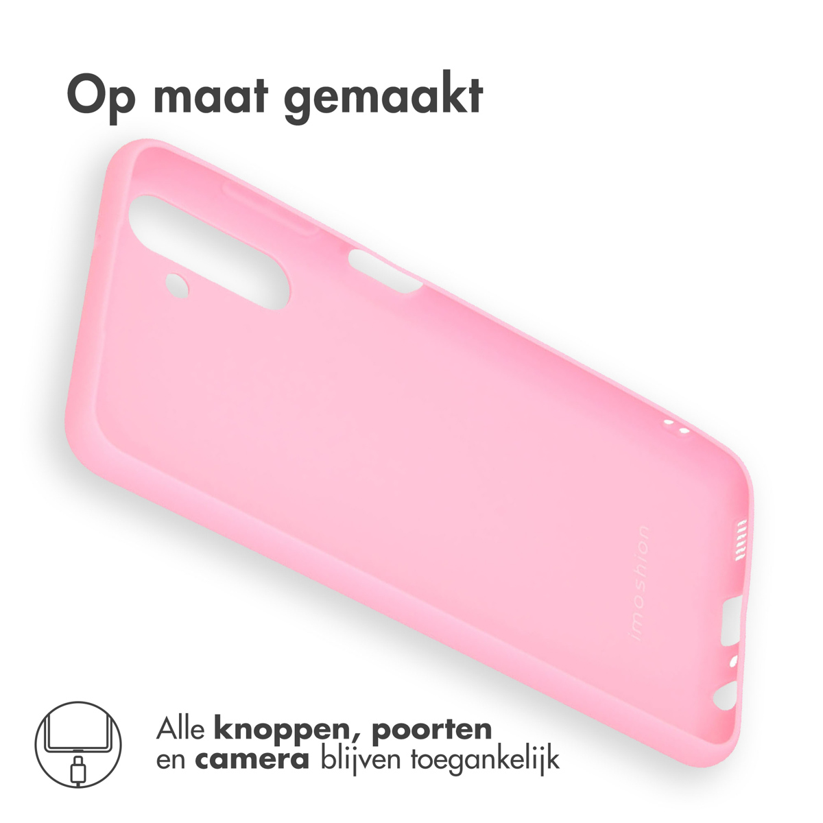 Roze telefoonhoes met imoshion logo. Tekst zegt 'Alle knoppen, poorten en camera blijven toegankelijk'.