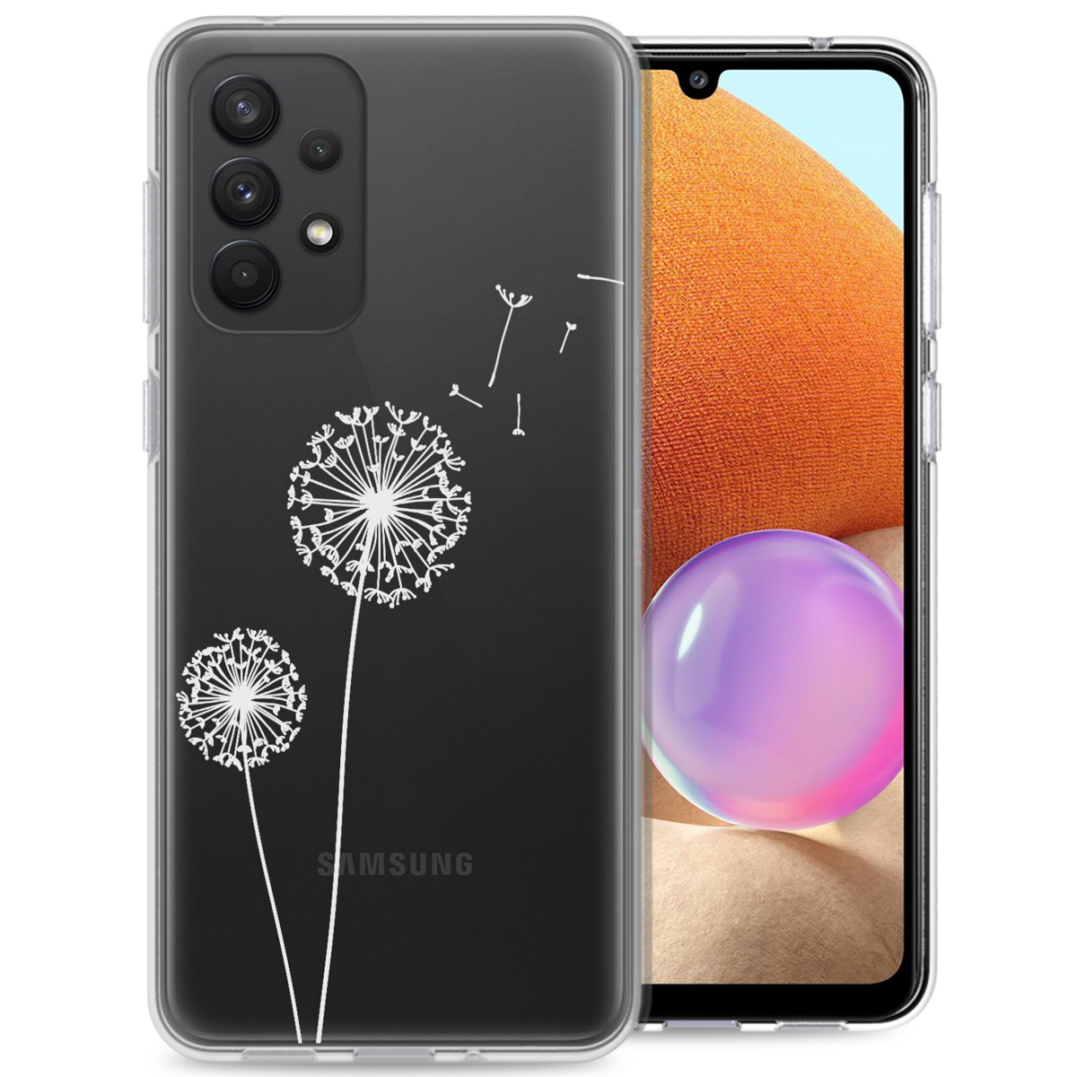 Coque avec motif pissenlit, téléphone à l'intérieur. Coque noire sur téléphone noir.