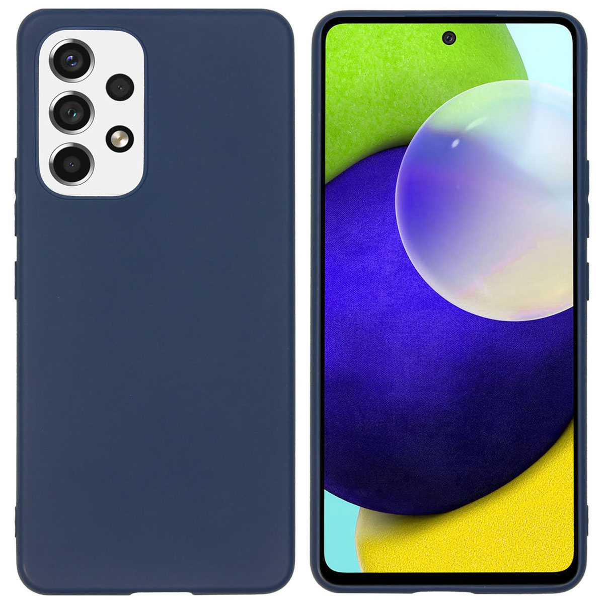Donkerblauwe telefoonhoes met een telefoon erin. Het scherm is zichtbaar.