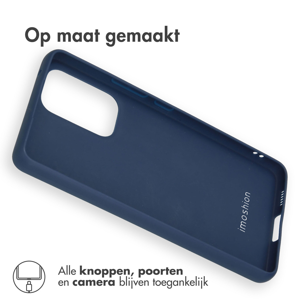 Blauwe telefoonhoes met imoshion logo. Tekst zegt 'Alle knoppen, poorten en camera blijven toegankelijk'.