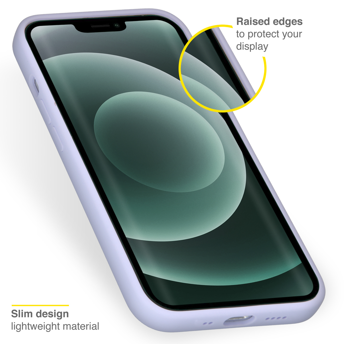 Telefoonhoesje met opstaande randen. Scherm is zichtbaar. Tekst zegt 'Slank ontwerp lichtgewicht materiaal'.