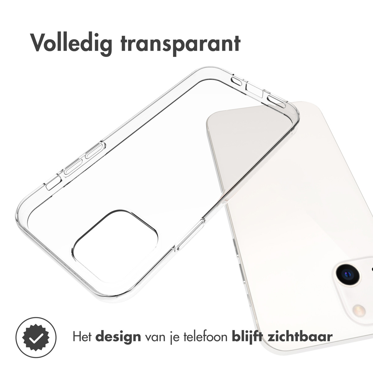 Coque de téléphone transparente avec un téléphone à l'intérieur, montrant le design du téléphone. La coque est transparente.