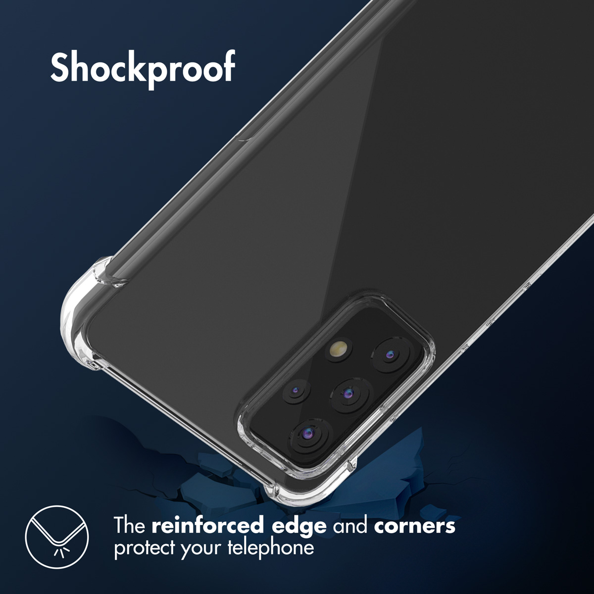Coque transparente sur fond sombre. Texte : Le bord et les coins renforcés protègent votre téléphone.