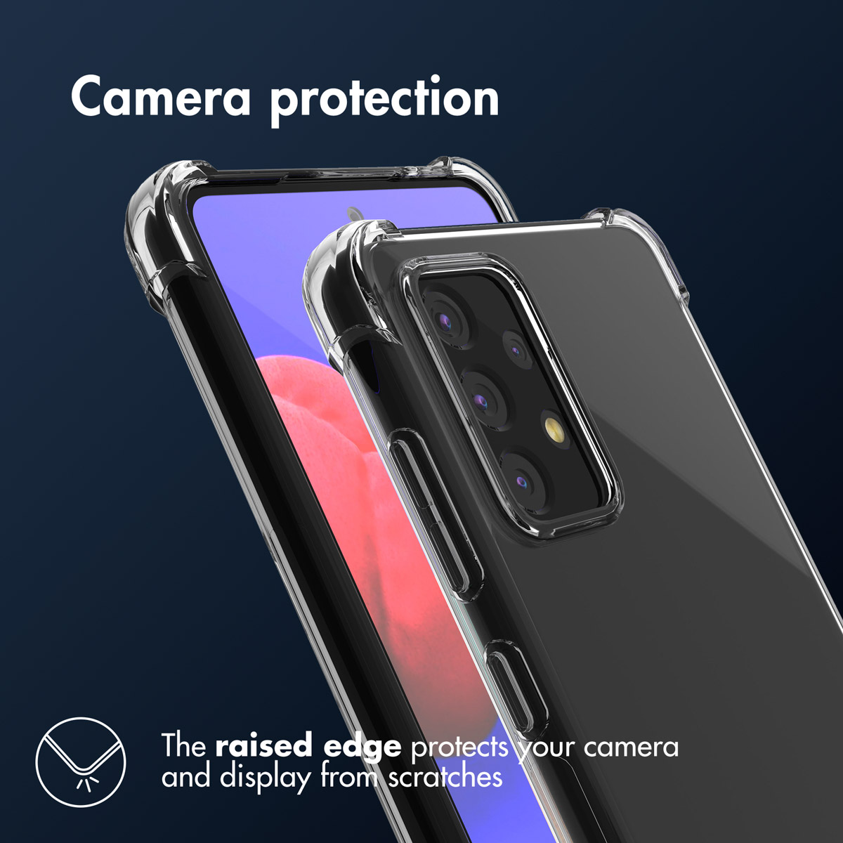 Coque transparente avec téléphone. Texte : protection de l'appareil photo.
