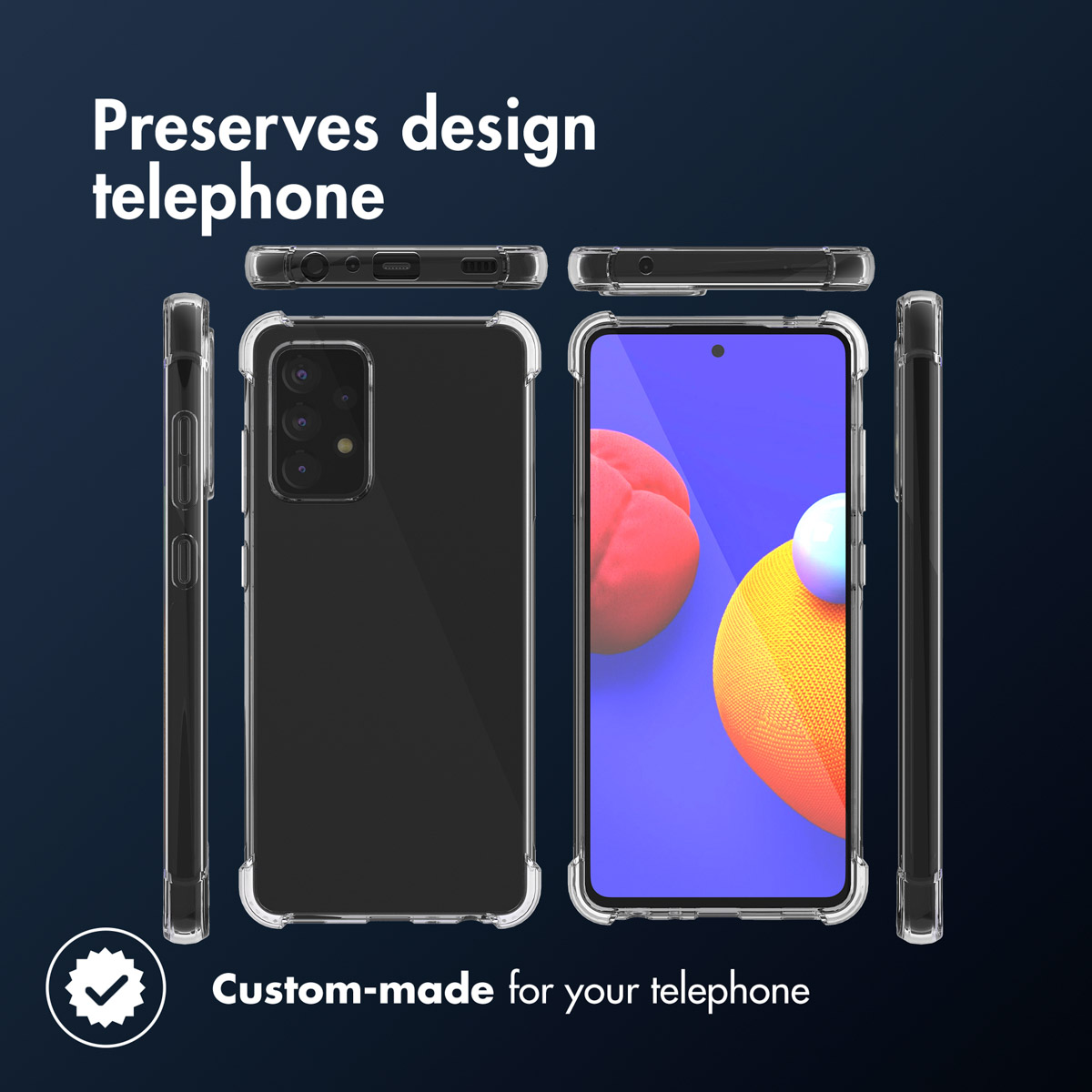 Coque de téléphone transparente, différentes vues du téléphone. Fond bleu foncé, avec texte et une coche.