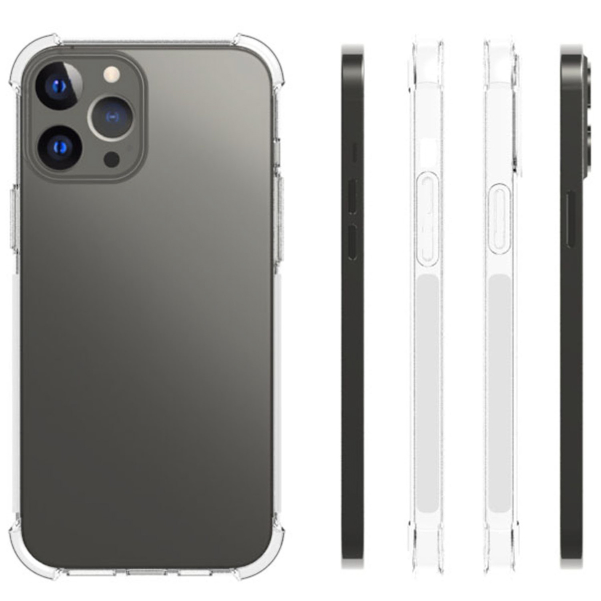 Coque de téléphone transparente, différentes vues du téléphone. Fond noir et blanc.
