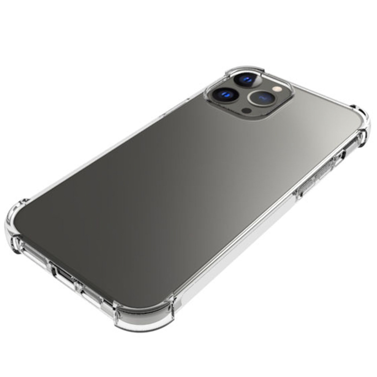 Coque de téléphone transparente sur fond blanc, avec protubérance de caméra.