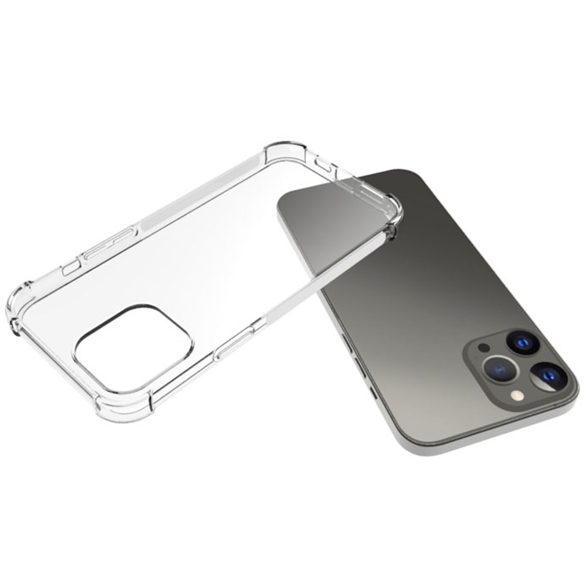 Une coque de téléphone transparente repose à côté d'un smartphone gris.