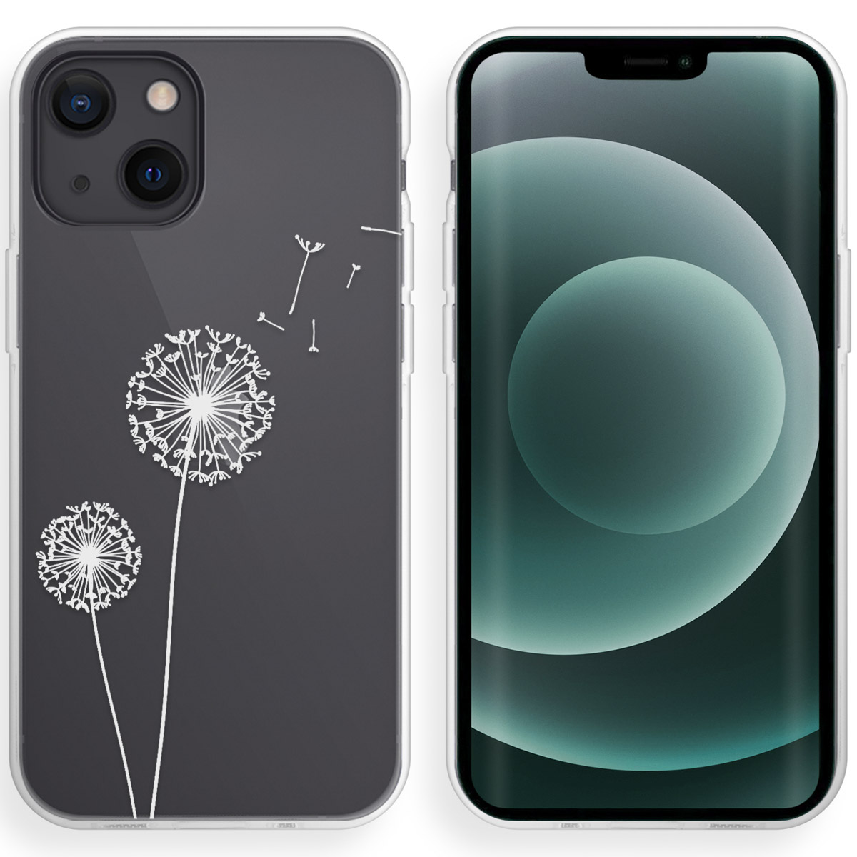 Twee telefoons in hoesjes. Eén hoesje heeft een paardebloem ontwerp, de andere een effen scherm.