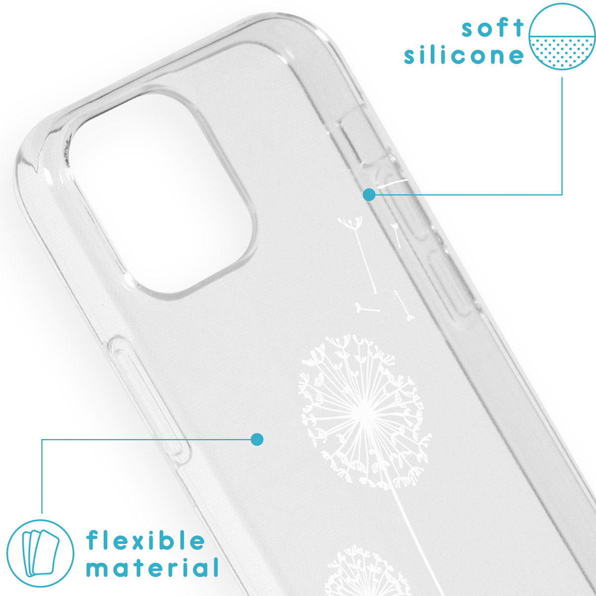 Transparante telefoonhoes met paardebloemdesign. Tekst: flexibel materiaal, zachte siliconen.
