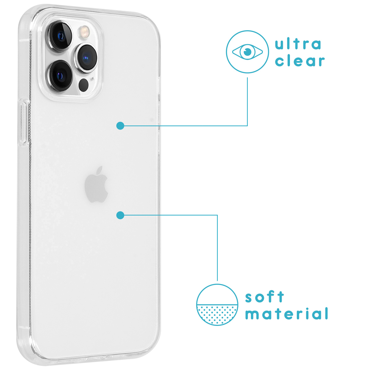 Custodia trasparente per telefono con ritaglio fotocamera e materiale morbido.