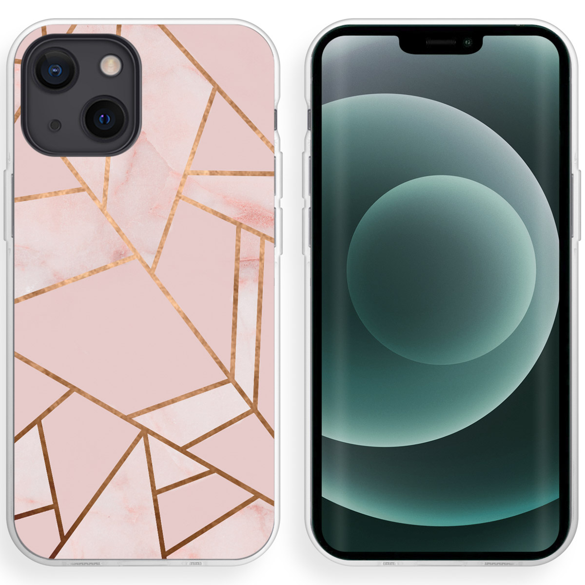Coque de téléphone rose avec des lignes géométriques dorées. Téléphone à droite.