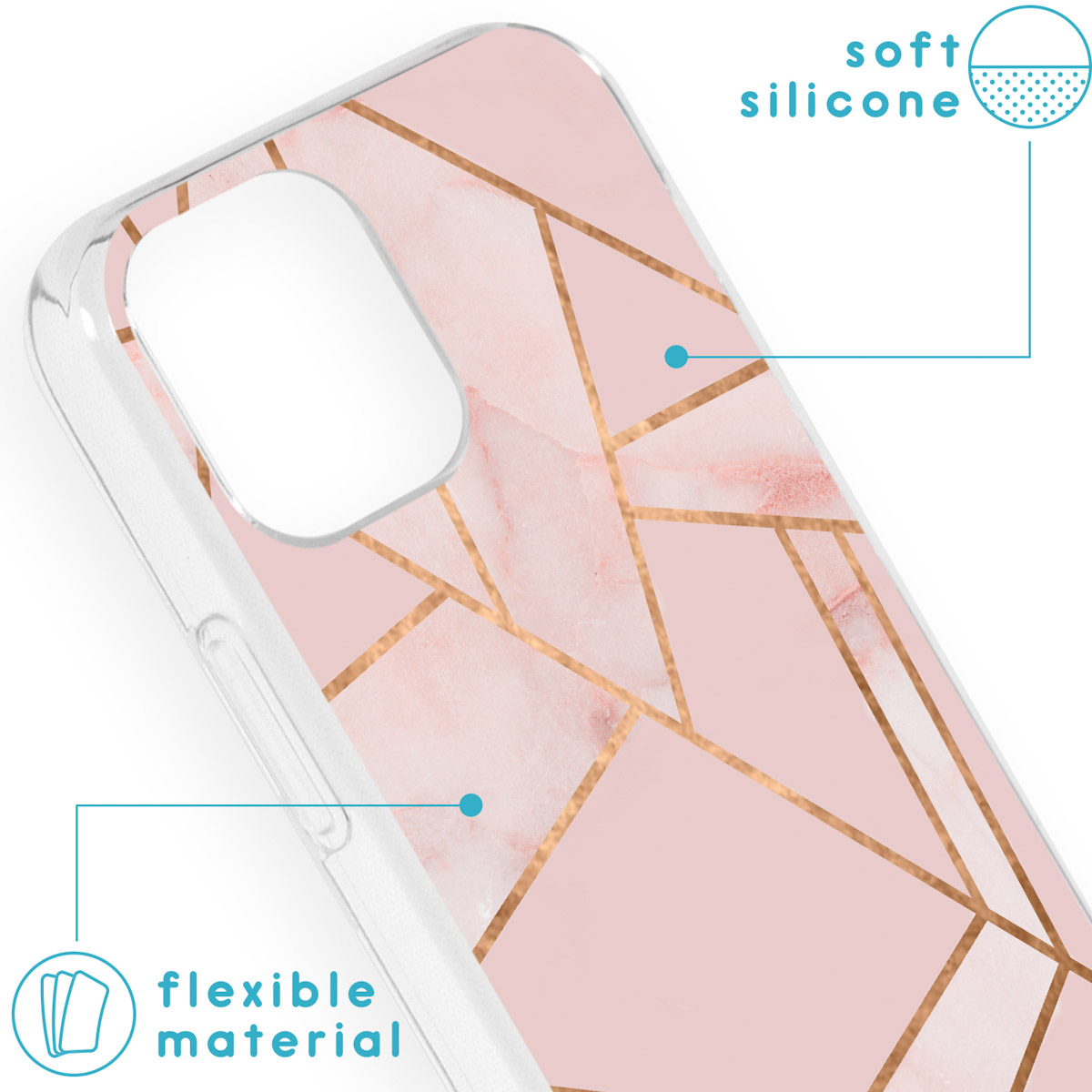 Coque de téléphone avec un motif de marbre rose avec des lignes dorées. Fond blanc, avec texte.