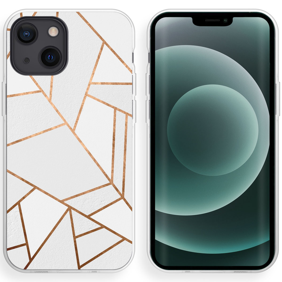 Telefoonhoesje met een geometrisch ontwerp. Witte hoes met bronzen lijnen. Het scherm is zichtbaar en aan.