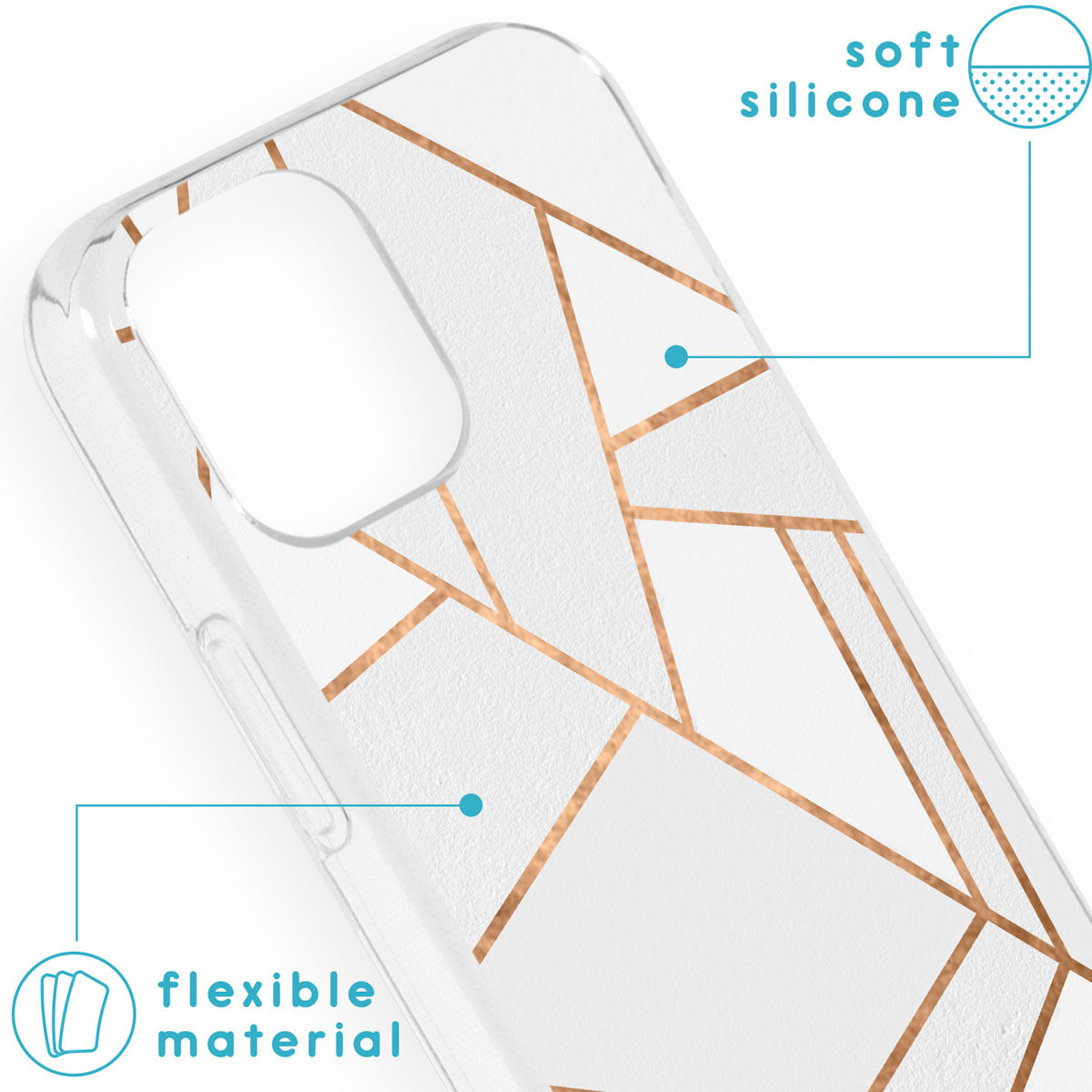 Een doorzichtig telefoonhoesje met een witte achtergrond en een koperkleurig geometrisch ontwerp.