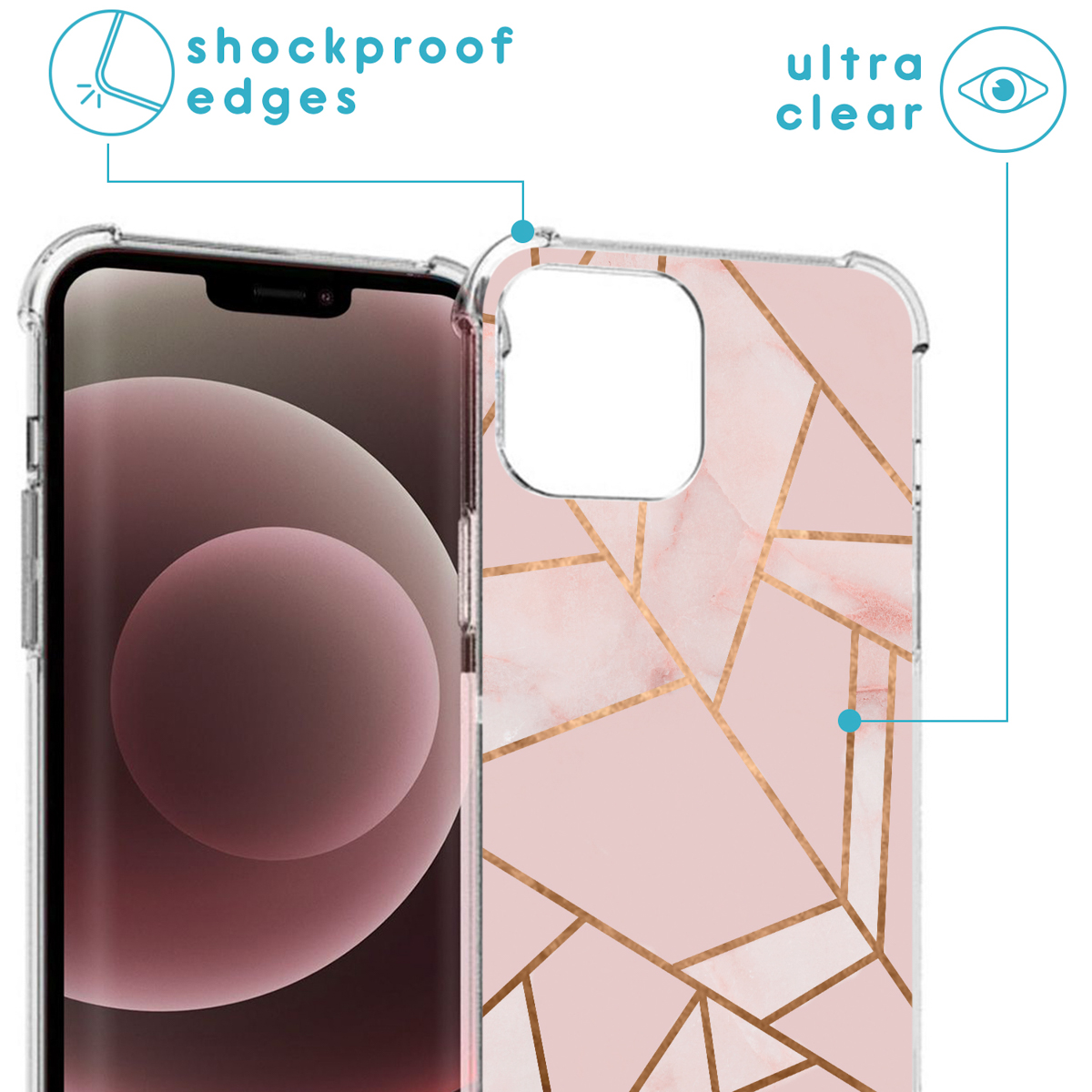 Telefon in einer pinkfarbenen Hülle mit geometrischem Muster, mit einer transparenten Hülle. Weißer Hintergrund.